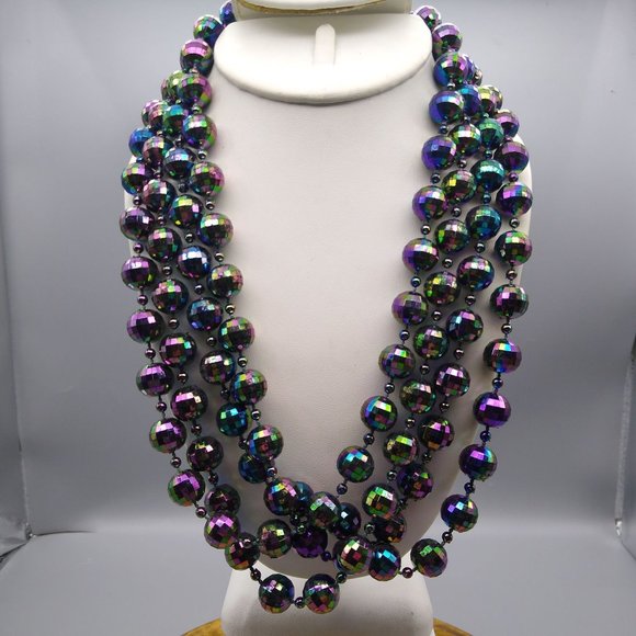 Retro Oil Slick Beads Necklace, Black Plastic Long Strand with Glossy AB Finish - Picture 1 of 5